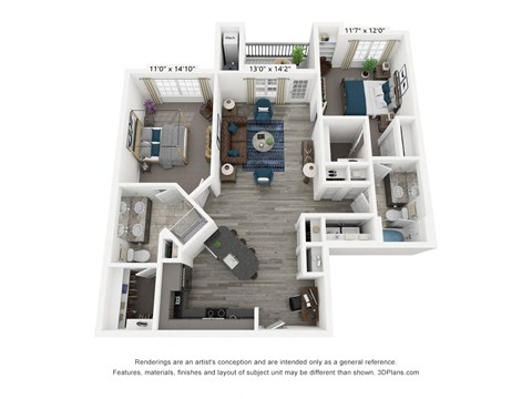 Floor plan for 2 beds, 2 baths, 1173 sqft